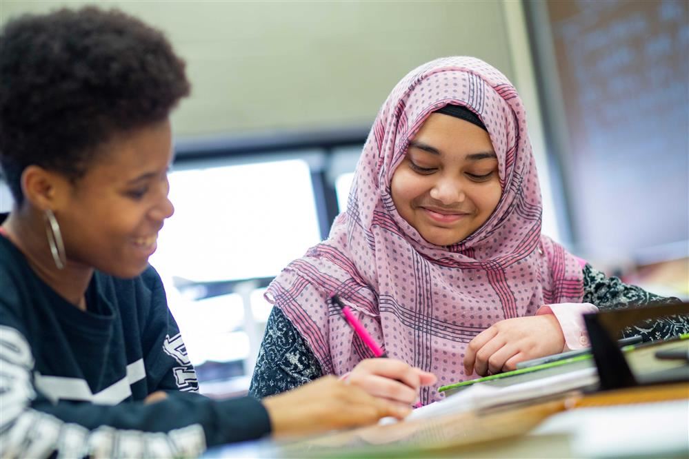  Adult and student working at a table together